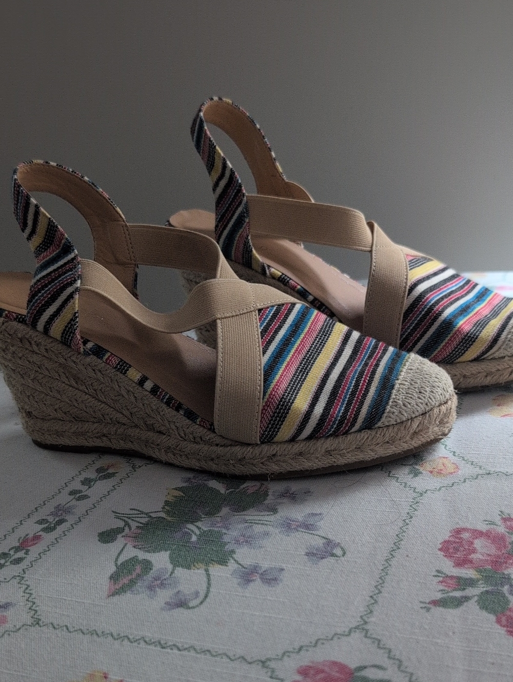 Wanted Multicolor Striped Espadrille Wedge Sandals with Beige Straps